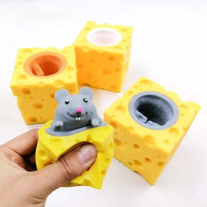 Pop up Funny Mouse and Cheese Block Squeeze Anti-Stress Toy Hide and Seek Figures Stress Relief Fidget Toys for Kids Adult