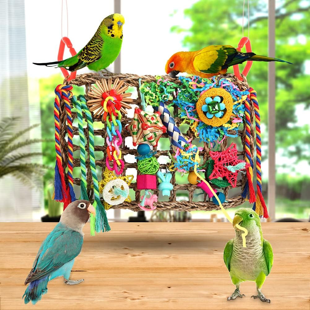 Cockatiel Foraging Wall with Colorful Toys for Birds Shredding Seagrass