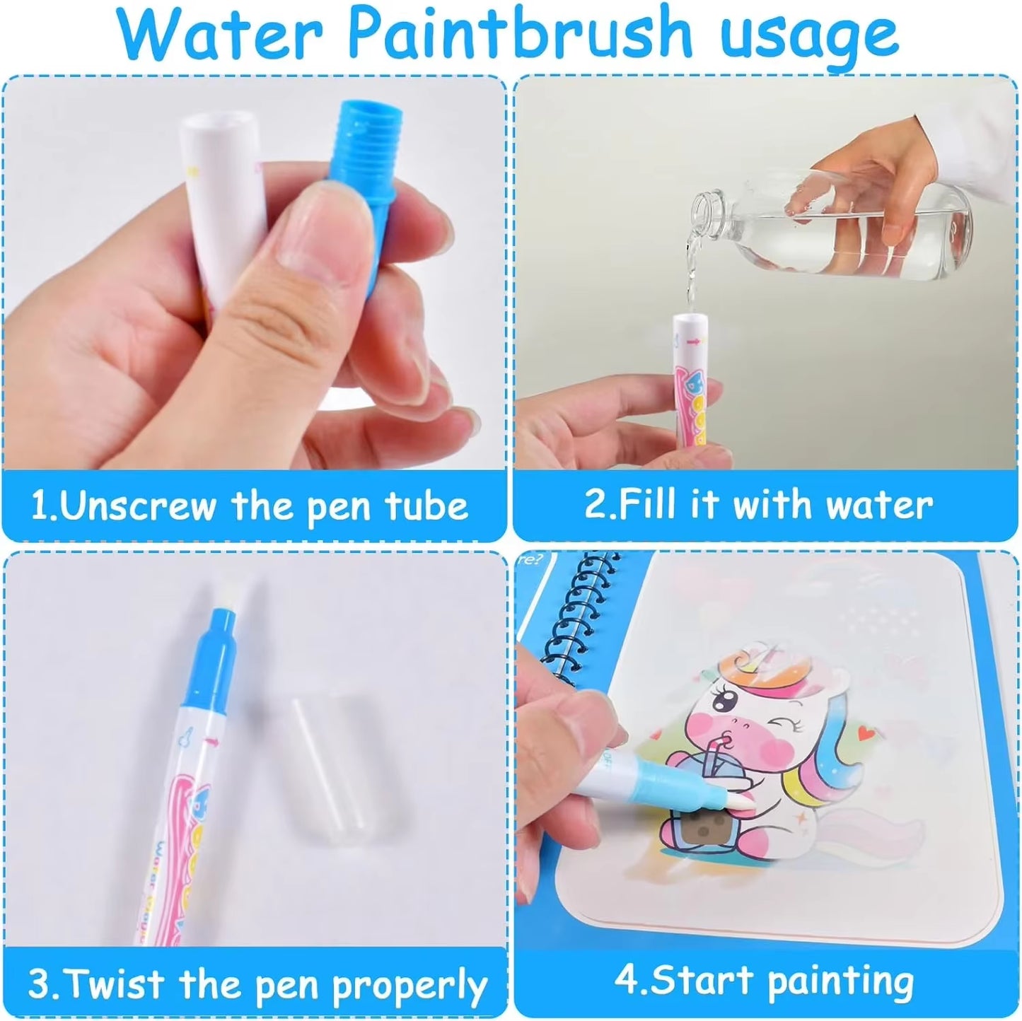 1Pc Reusable Kids Magic Water Drawing Books with Pen Repeated Coloring Book Magic Water Drawing Book Sensory Early Education Toy