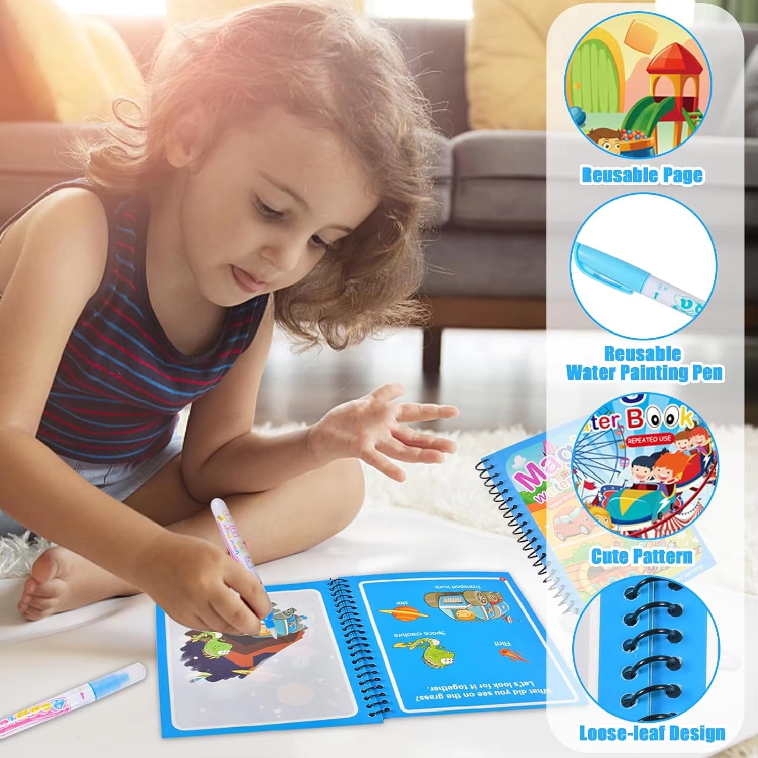 1Pc Reusable Kids Magic Water Drawing Books with Pen Repeated Coloring Book Magic Water Drawing Book Sensory Early Education Toy