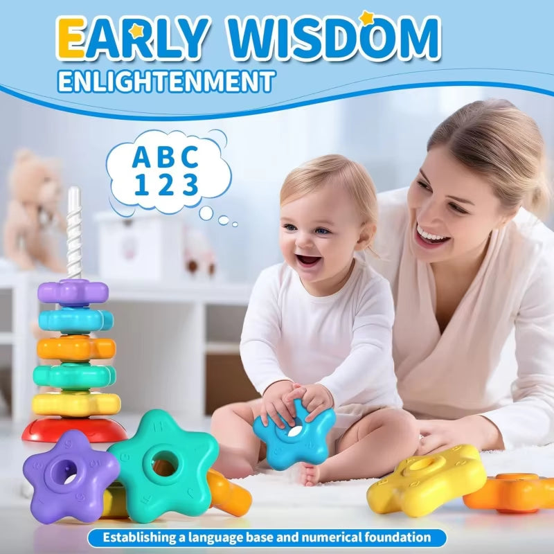 Montessori Rotating Rainbow Tower Baby Stacking Puzzle Toy Develop Motor Skills Game Children Educational Sensory Stacking Tower