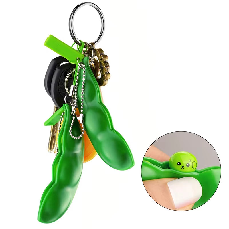 2Pcs Peapod Fidget Toy Squeeze a Bean Edamame Pea Keychain Keyring Extrusion Soybean Tactile Feeling Release Pressure Accessory