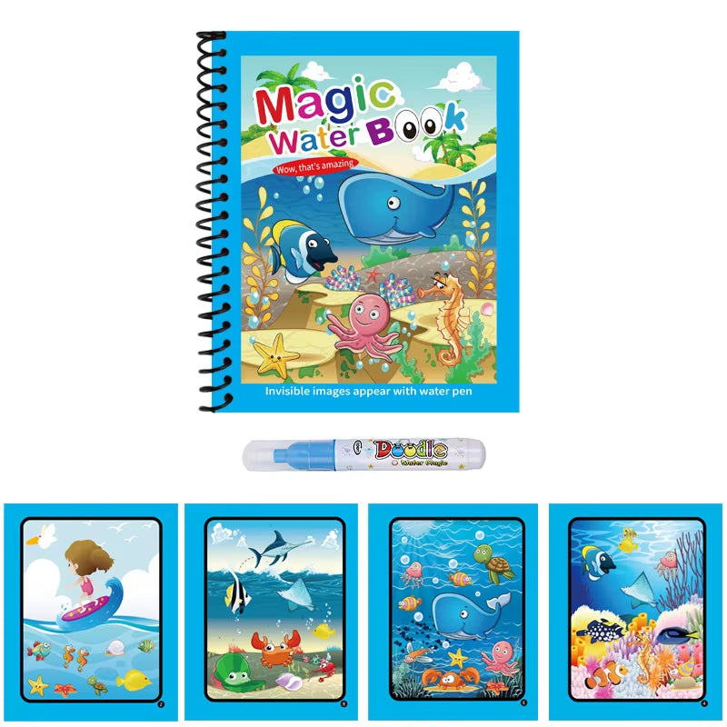 1Pc Reusable Kids Magic Water Drawing Books with Pen Repeated Coloring Book Magic Water Drawing Book Sensory Early Education Toy