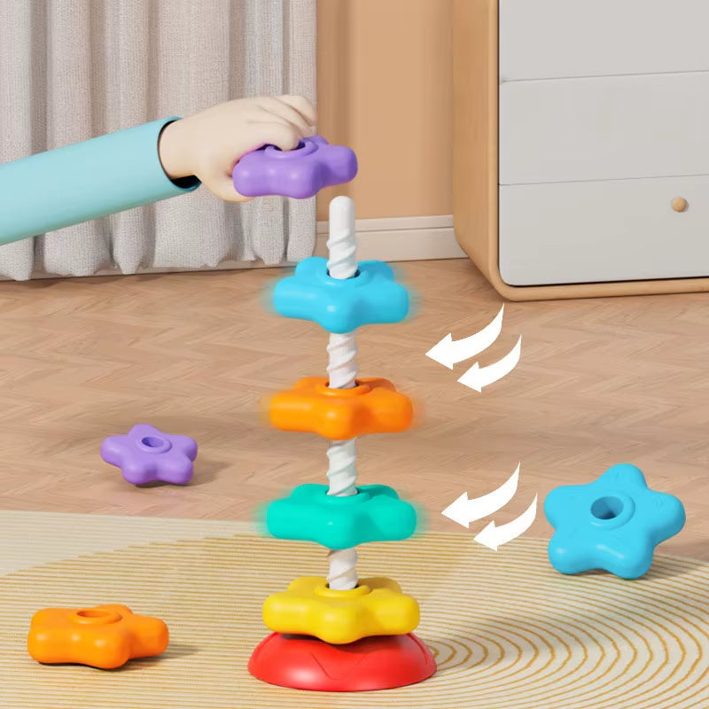 Montessori Rotating Rainbow Tower Baby Stacking Puzzle Toy Develop Motor Skills Game Children Educational Sensory Stacking Tower