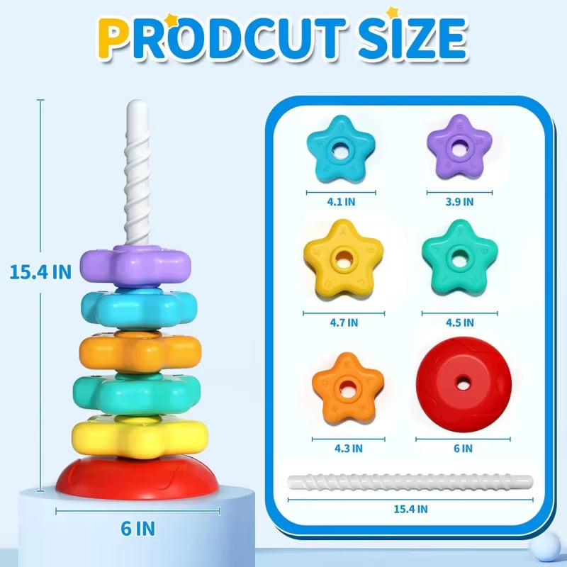 Montessori Rotating Rainbow Tower Baby Stacking Puzzle Toy Develop Motor Skills Game Children Educational Sensory Stacking Tower