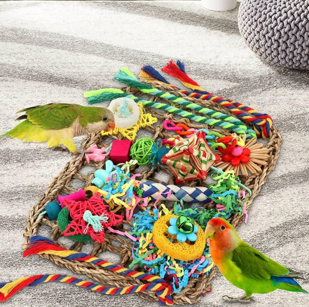 Cockatiel Foraging Wall with Colorful Toys for Birds Shredding Seagrass