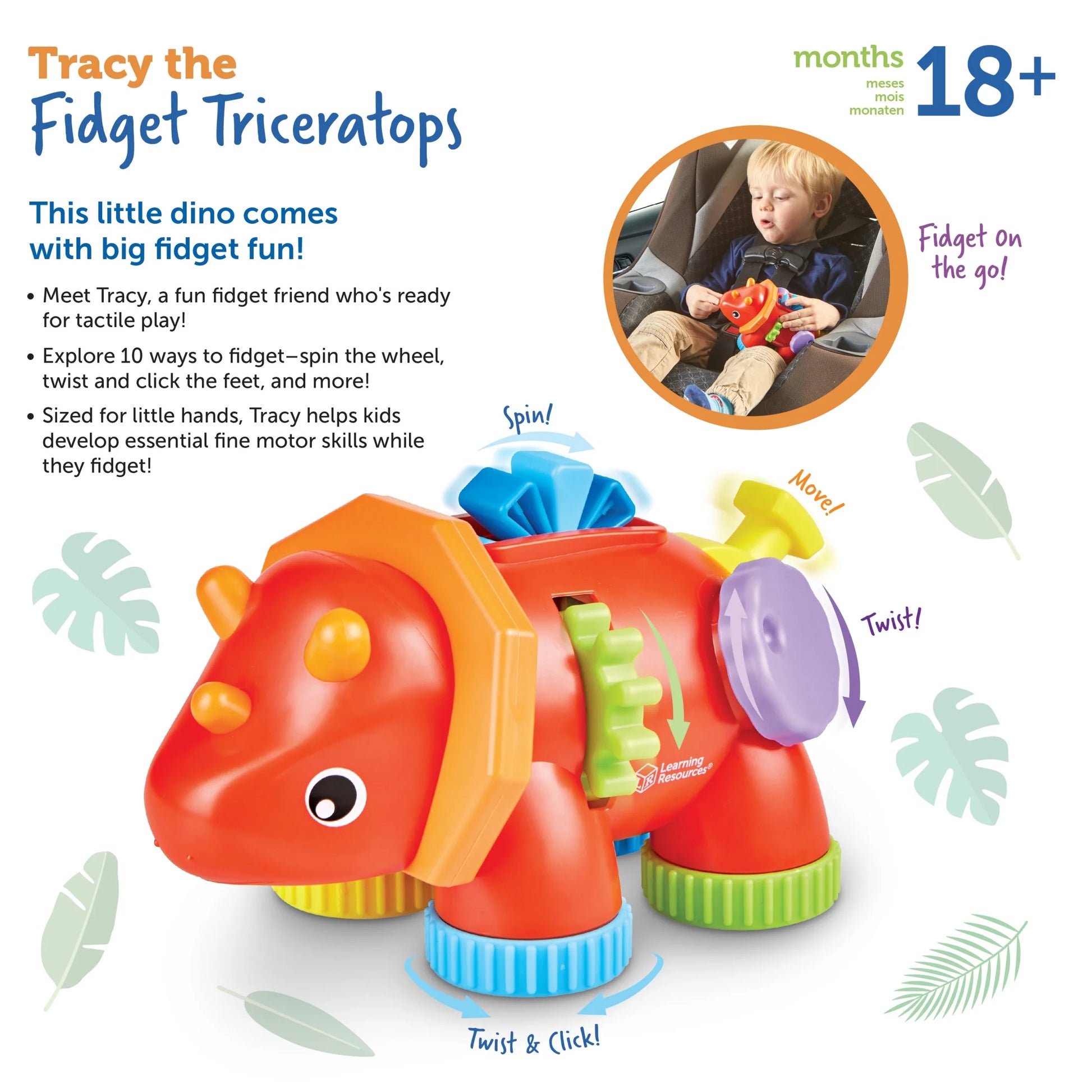 Tracy the Fidget Triceratops, Sensory Toys for Toddlers, Fine Motor Skills, Ages 18 Months+