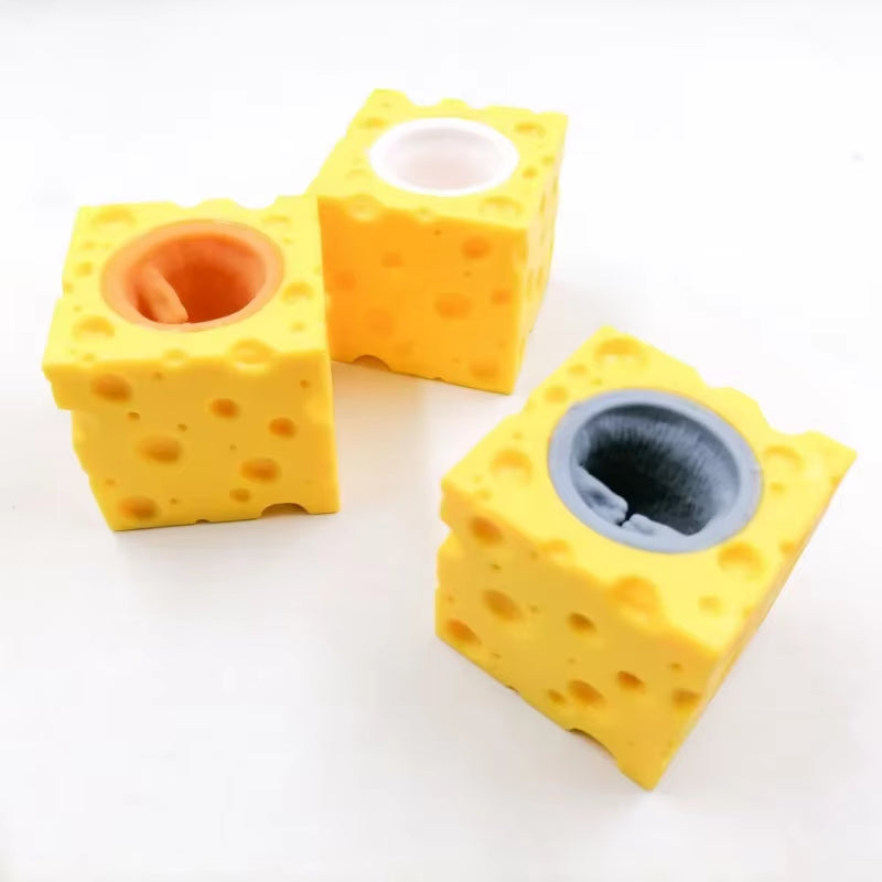 Pop up Funny Mouse and Cheese Block Squeeze Anti-Stress Toy Hide and Seek Figures Stress Relief Fidget Toys for Kids Adult