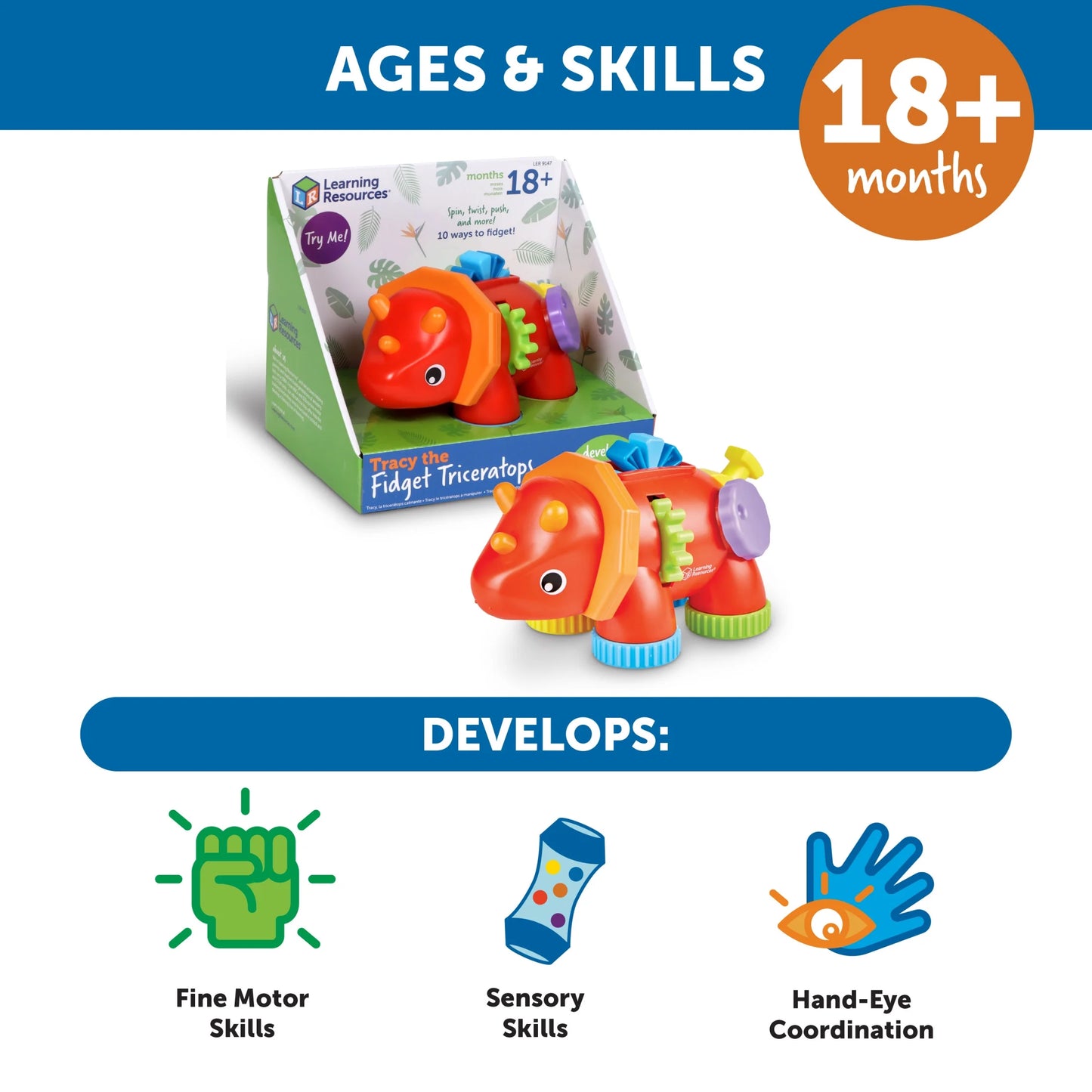 Tracy the Fidget Triceratops, Sensory Toys for Toddlers, Fine Motor Skills, Ages 18 Months+
