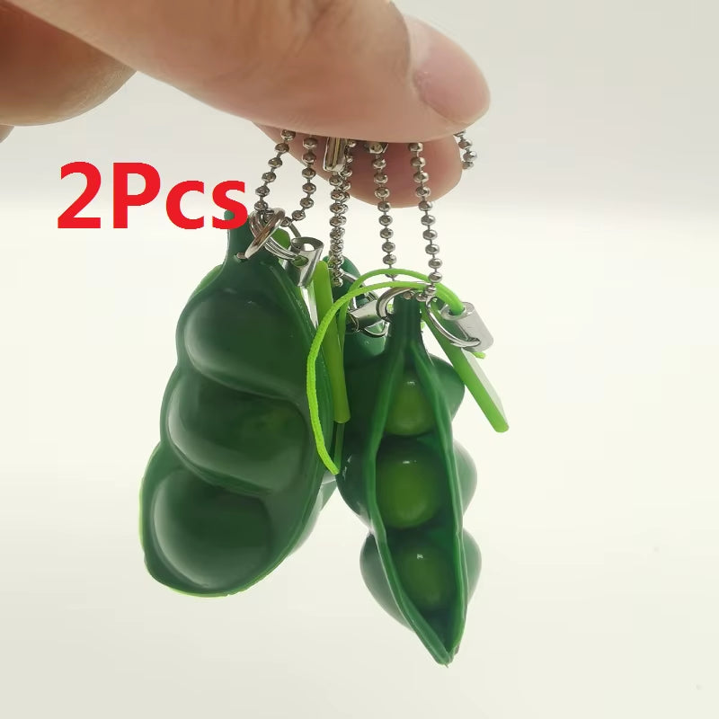 2Pcs Peapod Fidget Toy Squeeze a Bean Edamame Pea Keychain Keyring Extrusion Soybean Tactile Feeling Release Pressure Accessory