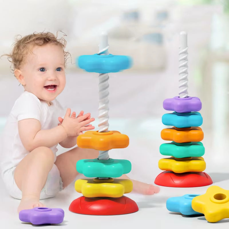 Montessori Rotating Rainbow Tower Baby Stacking Puzzle Toy Develop Motor Skills Game Children Educational Sensory Stacking Tower