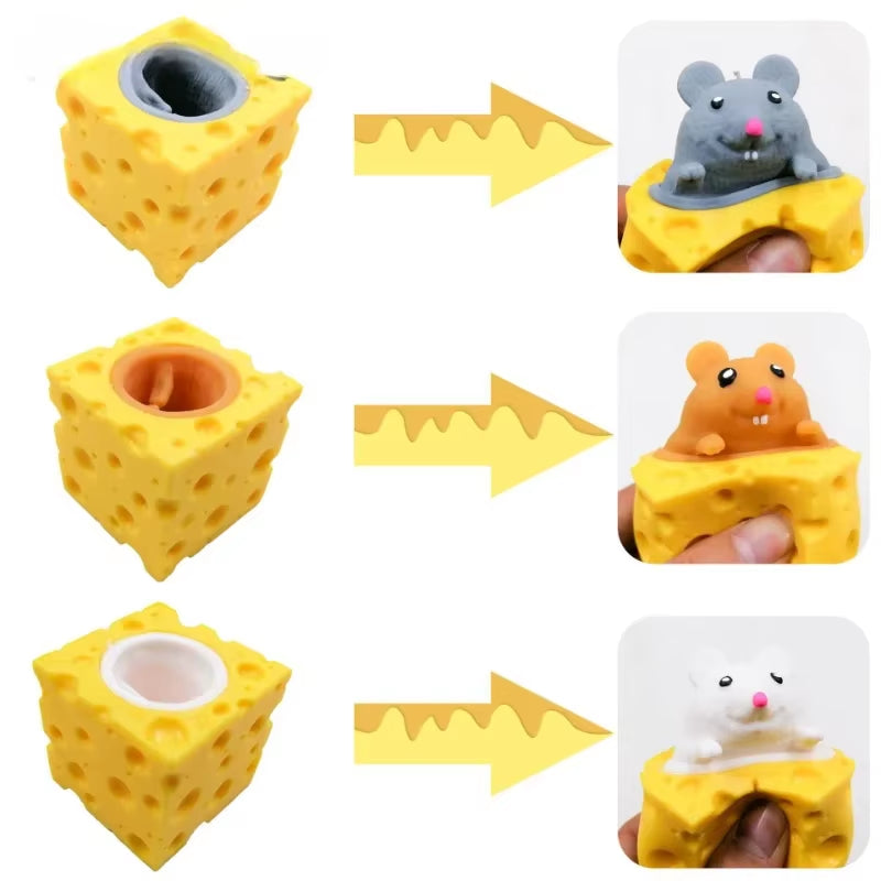 Pop up Funny Mouse and Cheese Block Squeeze Anti-Stress Toy Hide and Seek Figures Stress Relief Fidget Toys for Kids Adult